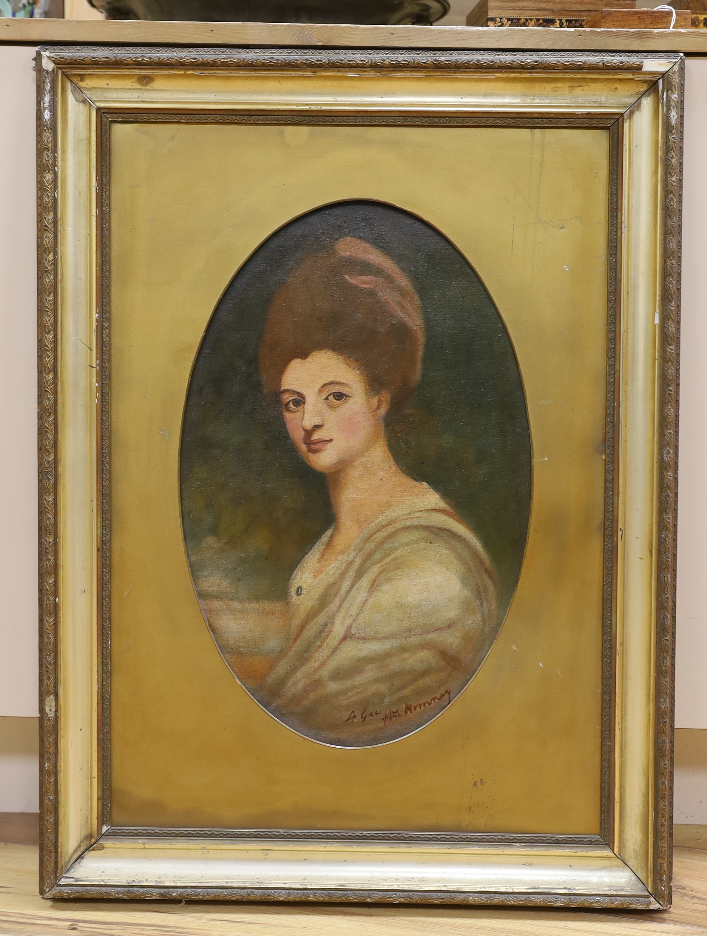 After George Romney (1734-1802), oval oil on canvas, Portrait of Elizabeth Craven, indistinctly inscribed A. Gee, 52 x 33cm